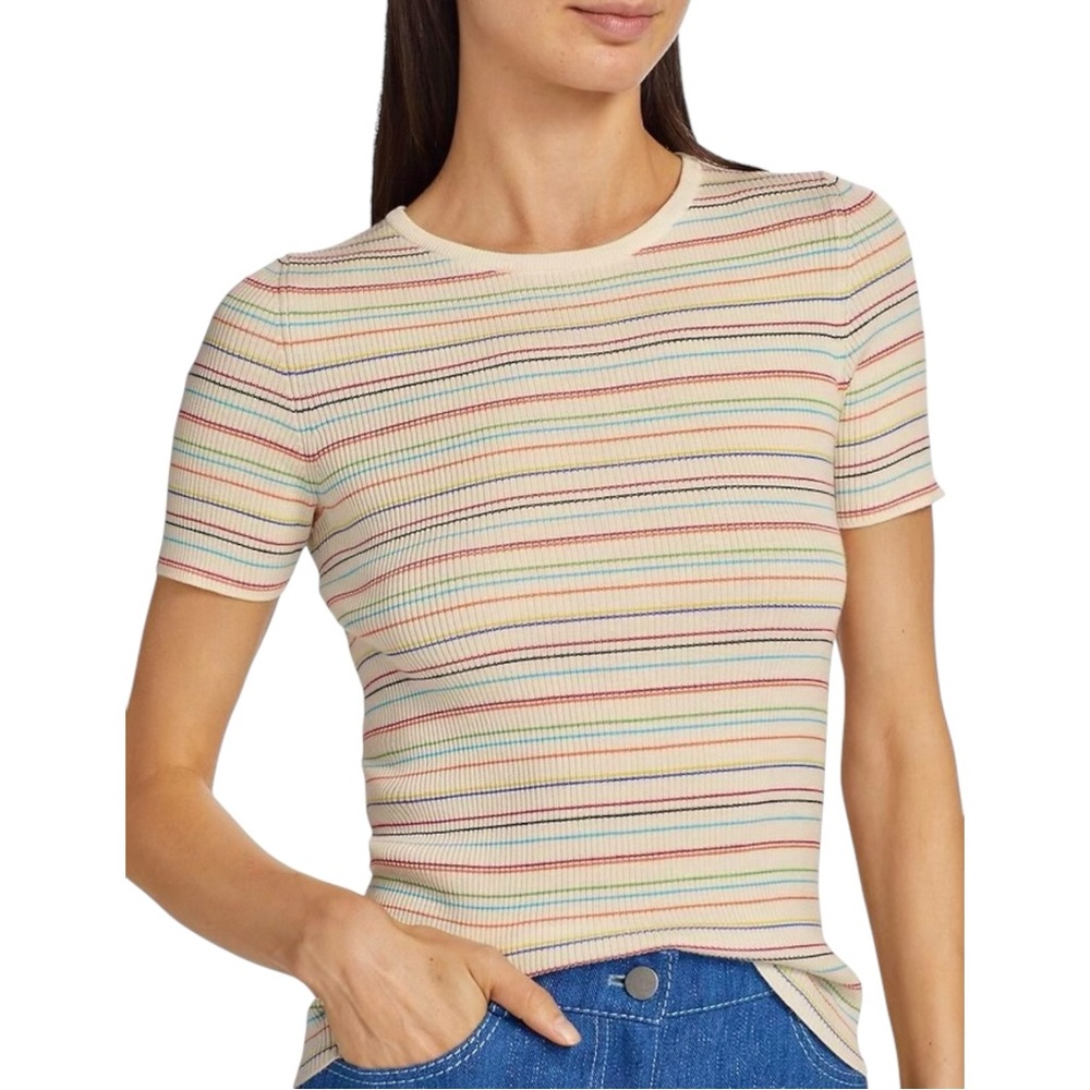 AKRIS Punto Cream White Striped Rib Knit Short Sleeve Virgin Wool Fitted Top